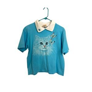 Vintage Top Stitch Morning Sun Top Womens Medium Collared Cat Butterfly Blue